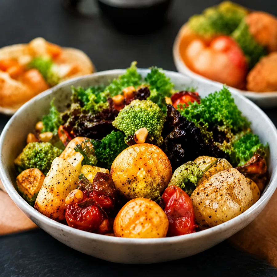 Bowl de vegetales asados y verduras frescas