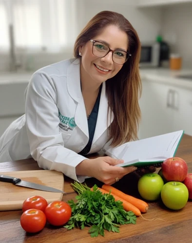 Mgtr. Claudia Bonilla con bata blanca revisando un plan nutricional junto a frutas y verduras frescas