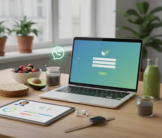 Laptop con formulario de contacto, tablet con plan nutricional y alimentos saludables sobre una mesa