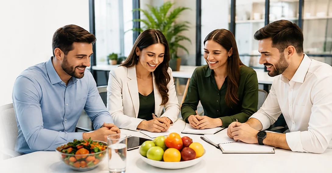 Equipo de colaboradores sonriendo en una reunión con frutas y ensalada sobre la mesa