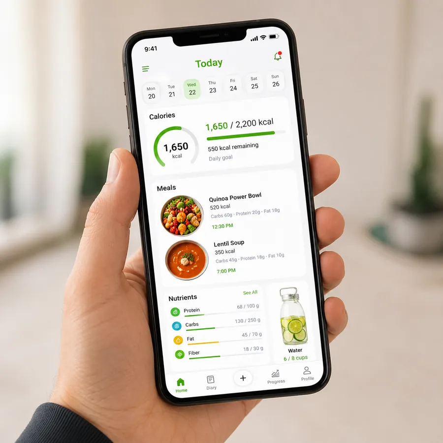 Aplicación móvil de seguimiento de calorías, comidas y nutrientes